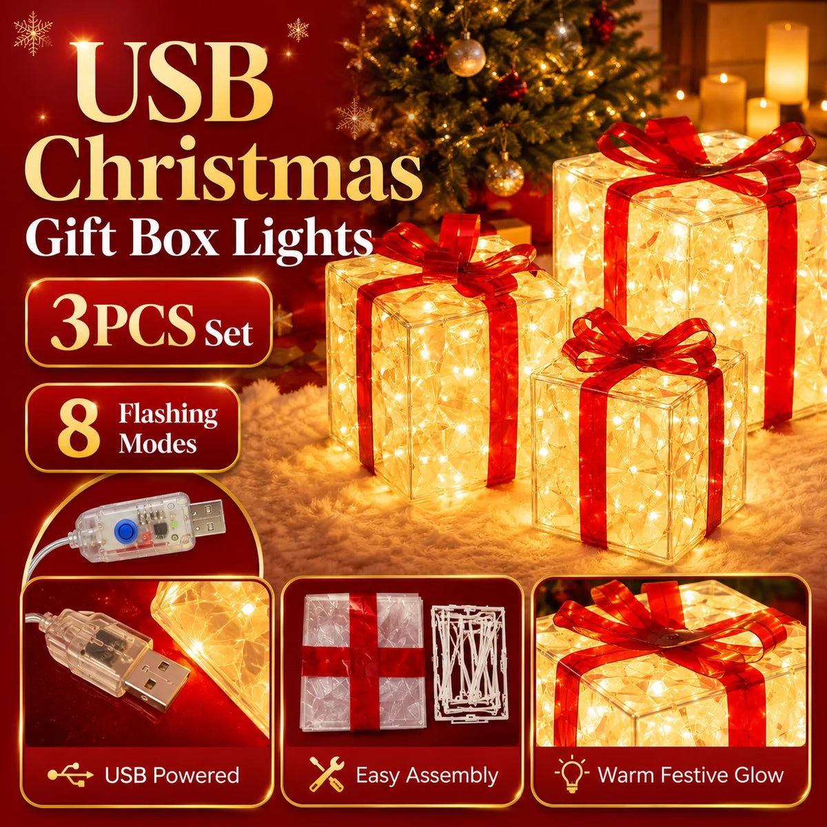 Christmas Lights Gift Box 3pcs LED Presents with 8 Modes - product image 6