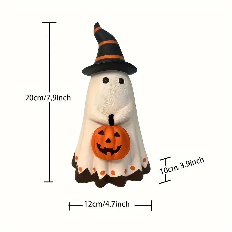 Halloween Ghost Figurine with Witch Hat Holding Pumpkin Lantern - image 9