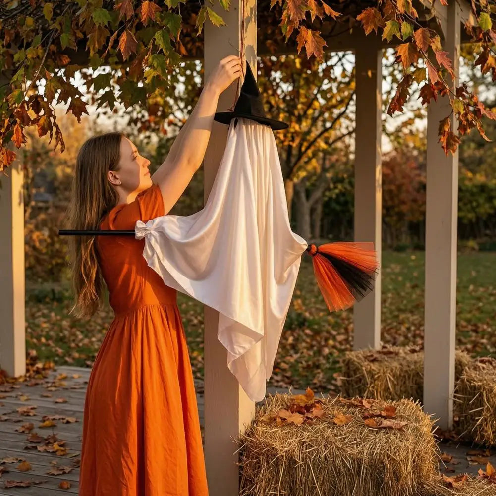 Halloween Hanging Ghost Decor Cute Ornament with Broom Flying Witch - image 2