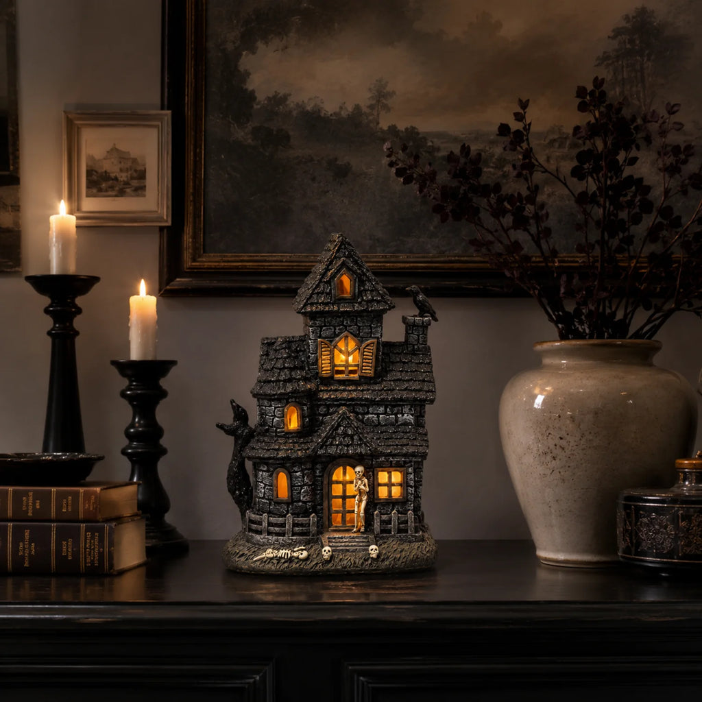 Halloween Lighted Haunted House Resin Figurine with Skeleton & Crow - image 7