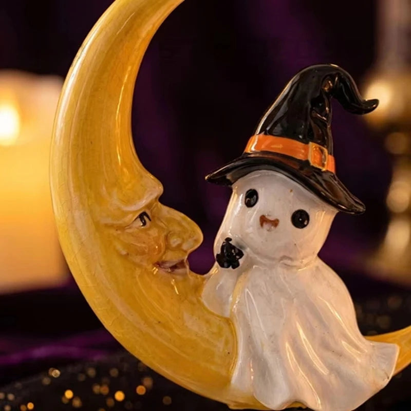Halloween Ghost Witch Hat on Crescent Moon Resin Figurine Spooky Cute - image 3