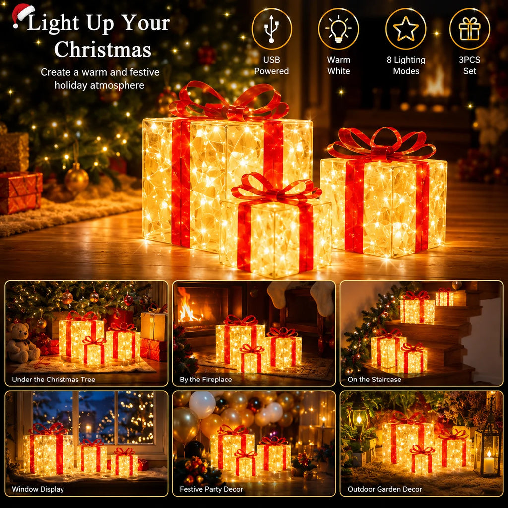 Christmas Lights Gift Box 3pcs LED Presents with 8 Modes - product image 3