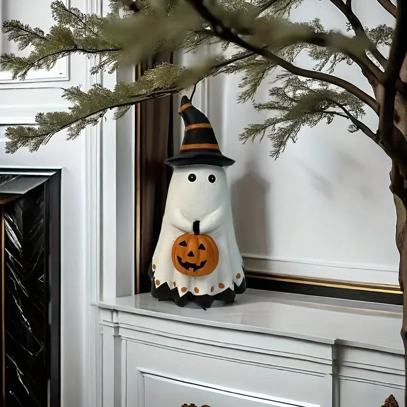 Halloween Ghost Figurine with Witch Hat Holding Pumpkin Lantern - image 4