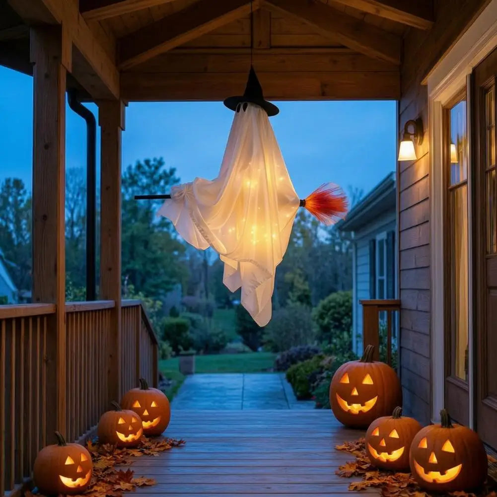 Halloween Hanging Ghost Decor Cute Ornament with Broom Flying Witch - image 3