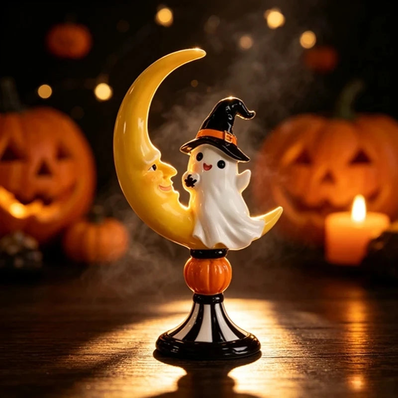 Halloween Ghost Witch Hat on Crescent Moon Resin Figurine Spooky Cute - image 5