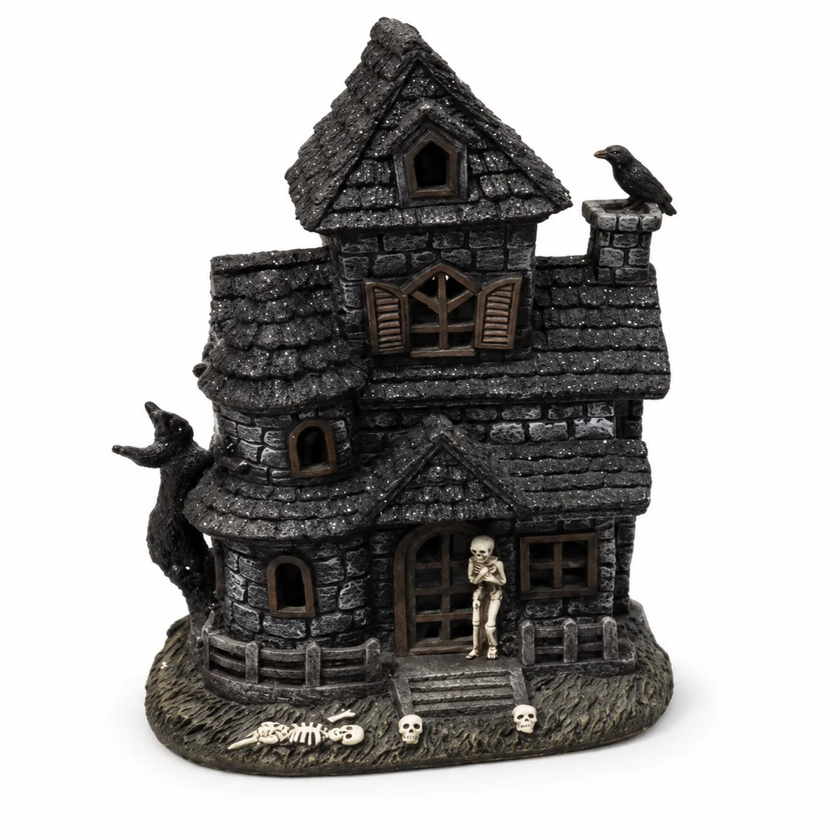 Halloween Lighted Haunted House Resin Figurine with Skeleton & Crow - image 12
