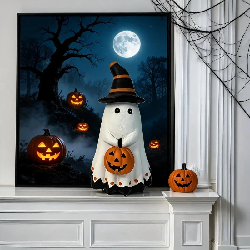 Halloween Ghost Figurine with Witch Hat Holding Pumpkin Lantern - image 1
